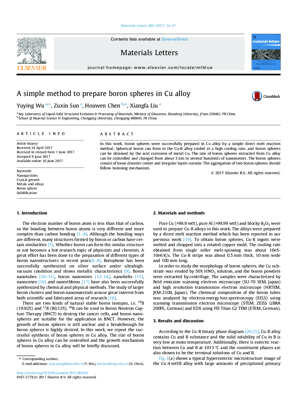 A simple method to prepare boron spheres in Cu alloy