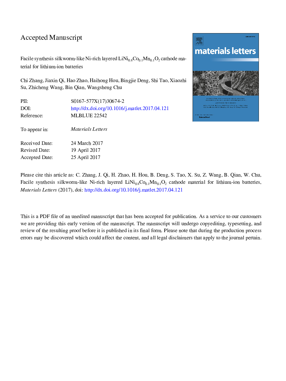 Facile synthesis silkworm-like Ni-rich layered LiNi0.8Co0.1Mn0.1O2 cathode material for lithium-ion batteries