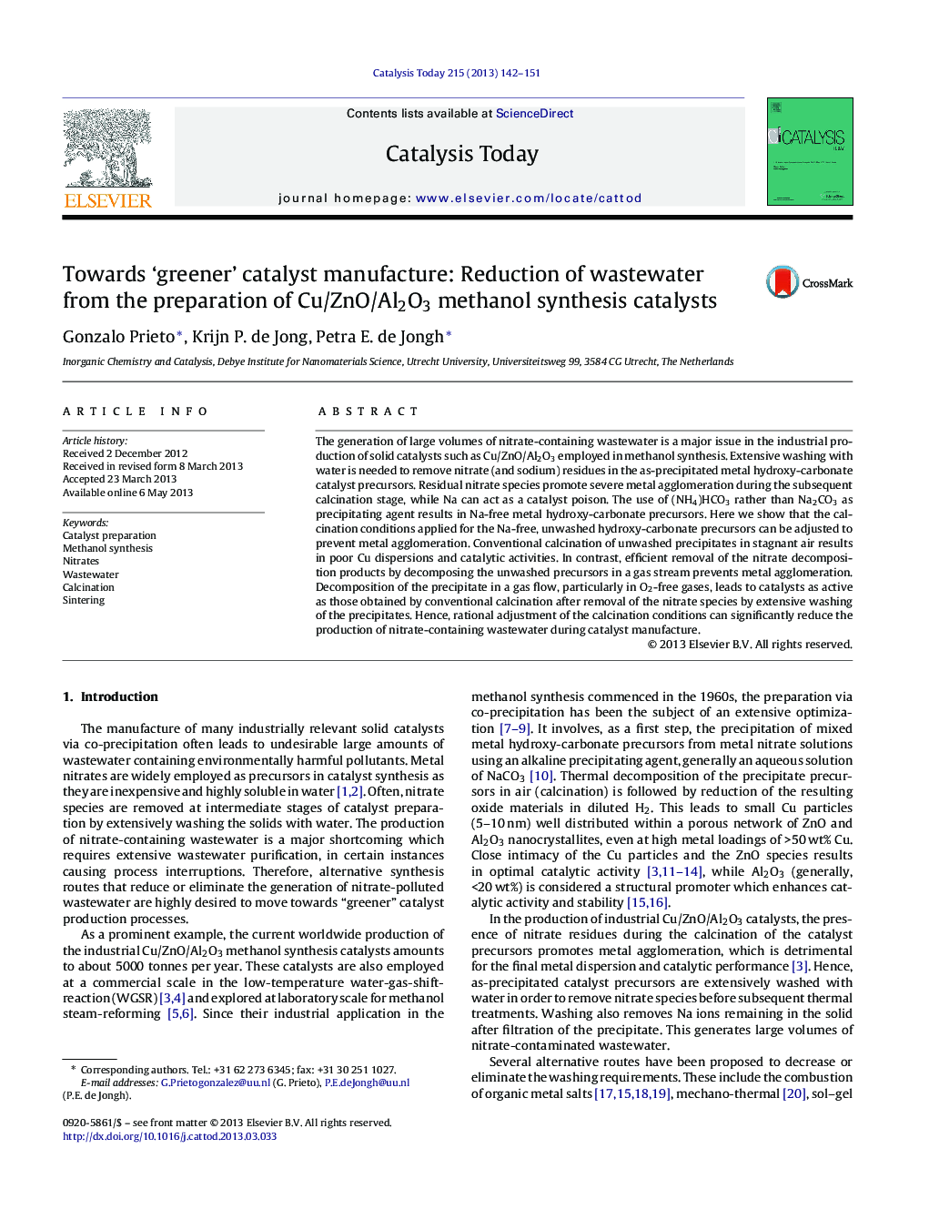 Towards ‘greener’ catalyst manufacture: Reduction of wastewater from the preparation of Cu/ZnO/Al2O3 methanol synthesis catalysts