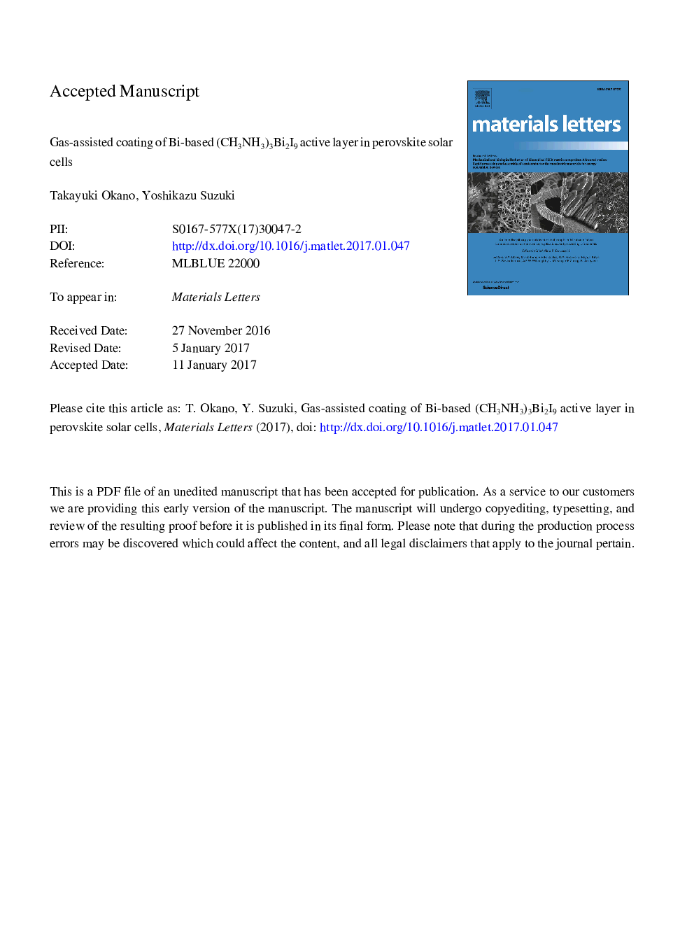 Gas-assisted coating of Bi-based (CH3NH3)3Bi2I9 active layer in perovskite solar cells