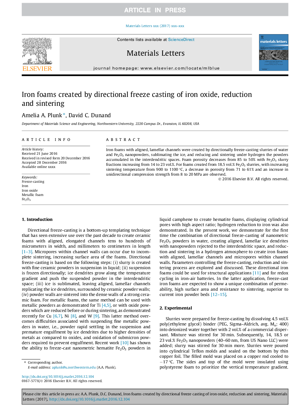 Iron foams created by directional freeze casting of iron oxide, reduction and sintering