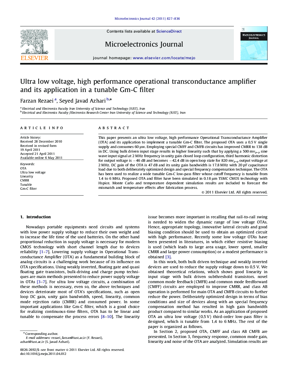 Ultra low voltage, high performance operational transconductance amplifier and its application in a tunable Gm-C filter