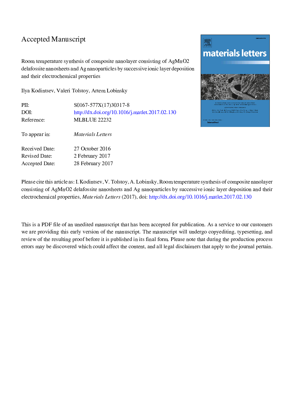 Room temperature synthesis of composite nanolayer consisting of AgMnO2 delafossite nanosheets and Ag nanoparticles by successive ionic layer deposition and their electrochemical properties