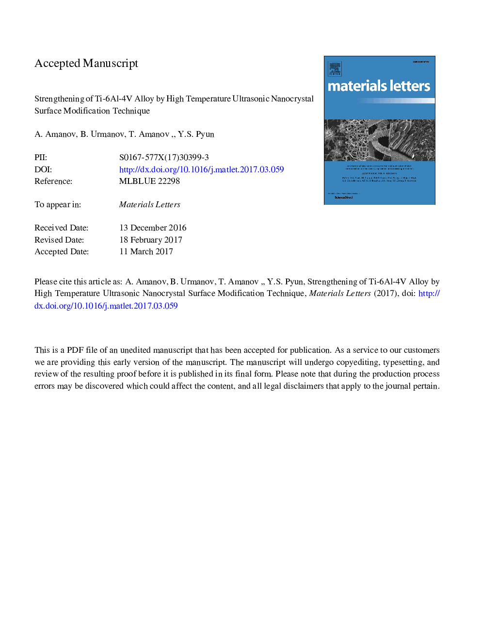 Strengthening of Ti-6Al-4V alloy by high temperature ultrasonic nanocrystal surface modification technique