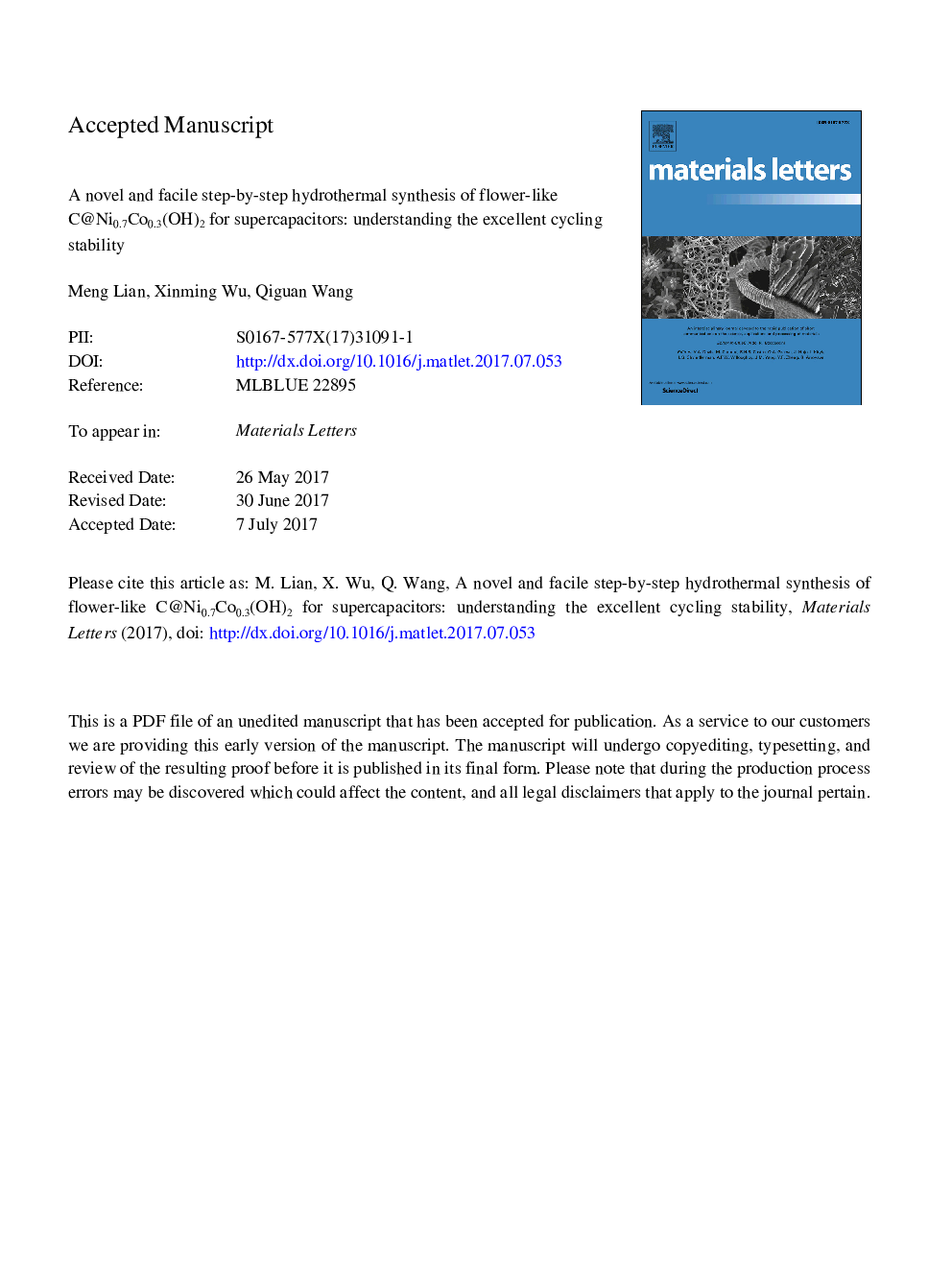 A novel and facile step-by-step hydrothermal synthesis of flower-like C@Ni0.7Co0.3(OH)2 for supercapacitors: Understanding the excellent cycling stability