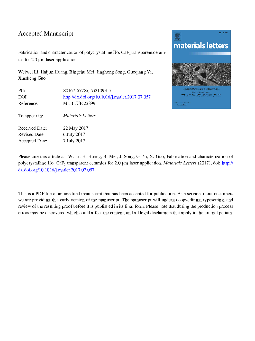 Fabrication and characterization of polycrystalline Ho:CaF2 transparent ceramics for 2.0Â Î¼m laser application