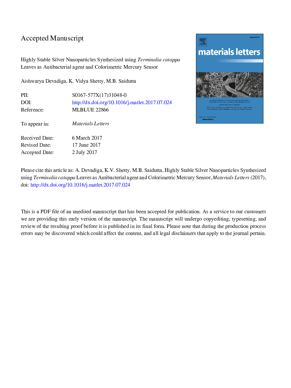 Highly stable silver nanoparticles synthesized using Terminalia catappa leaves as antibacterial agent and colorimetric mercury sensor