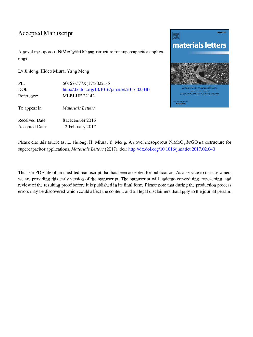 A novel mesoporous NiMoO4@rGO nanostructure for supercapacitor applications