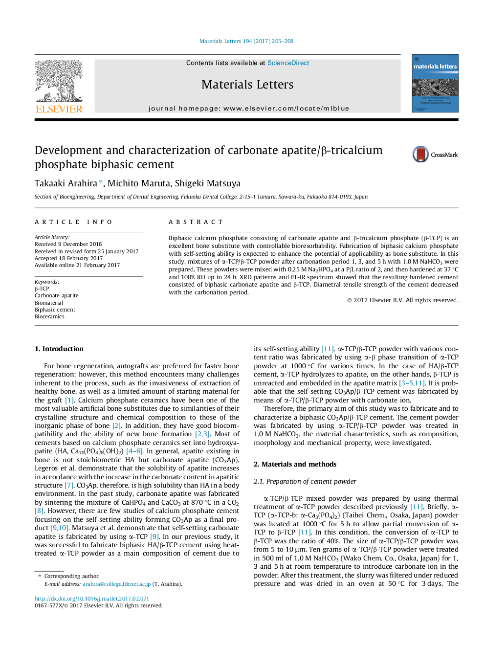 Development and characterization of carbonate apatite/Î²-tricalcium phosphate biphasic cement