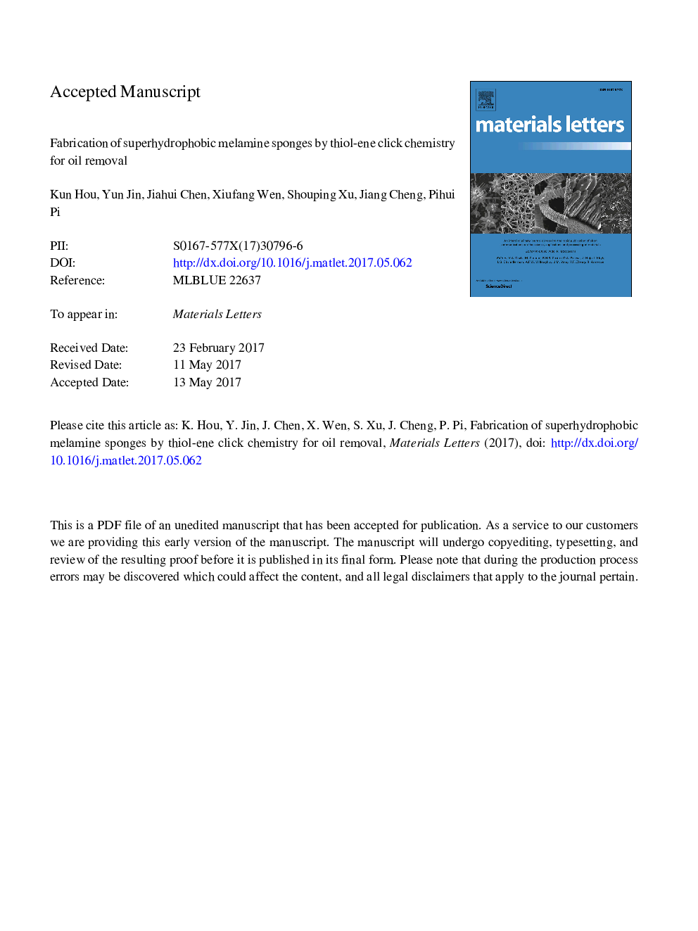 Fabrication of superhydrophobic melamine sponges by thiol-ene click chemistry for oil removal