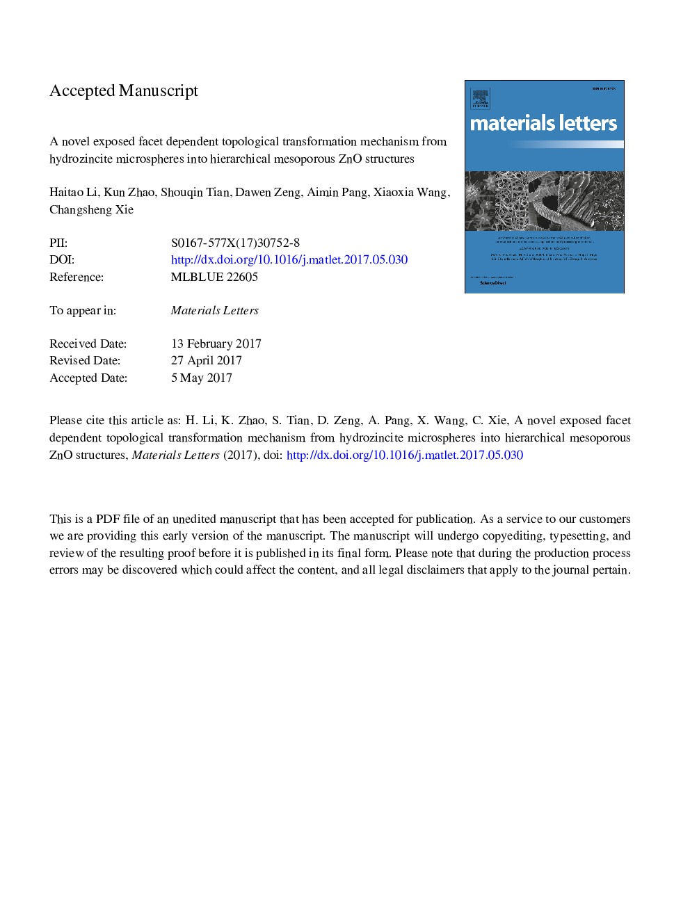 A novel exposed facet dependent topological transformation mechanism from hydrozincite microspheres into hierarchical mesoporous ZnO structures