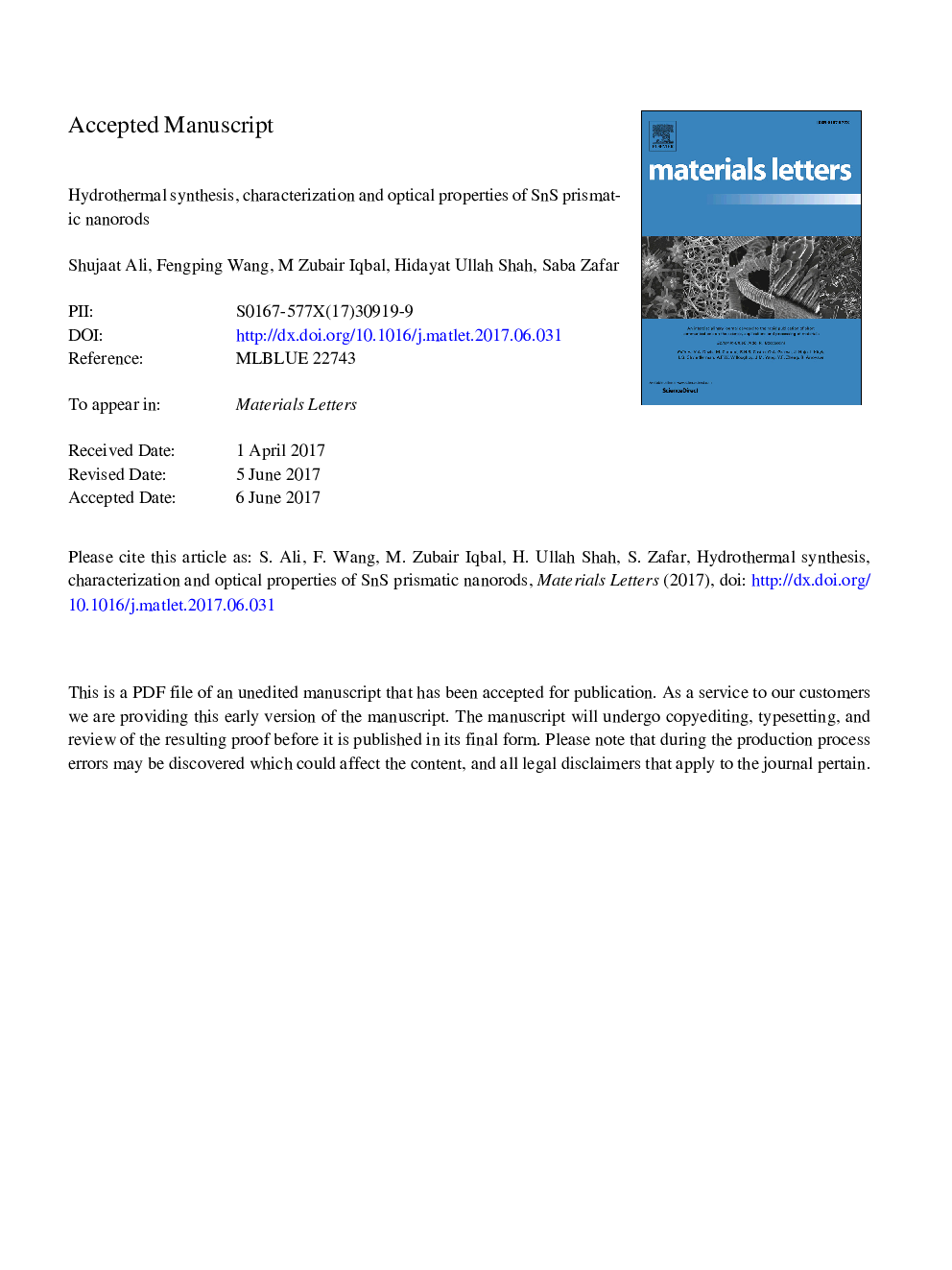 Hydrothermal synthesis, characterization and optical properties of SnS prismatic nanorods