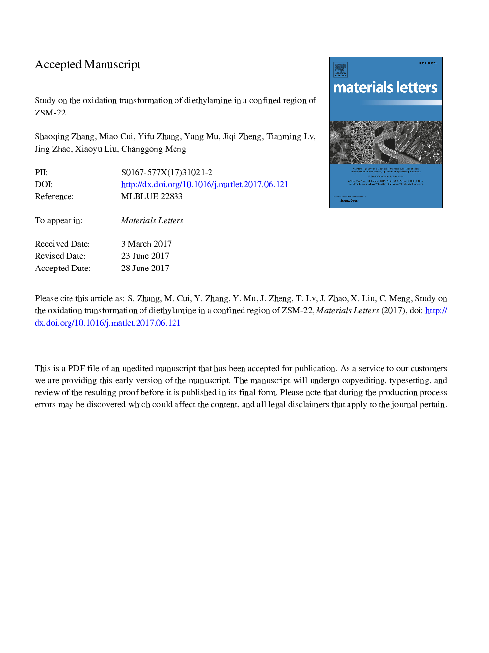 Study on the oxidation transformation of diethylamine in a confined region of ZSM-22