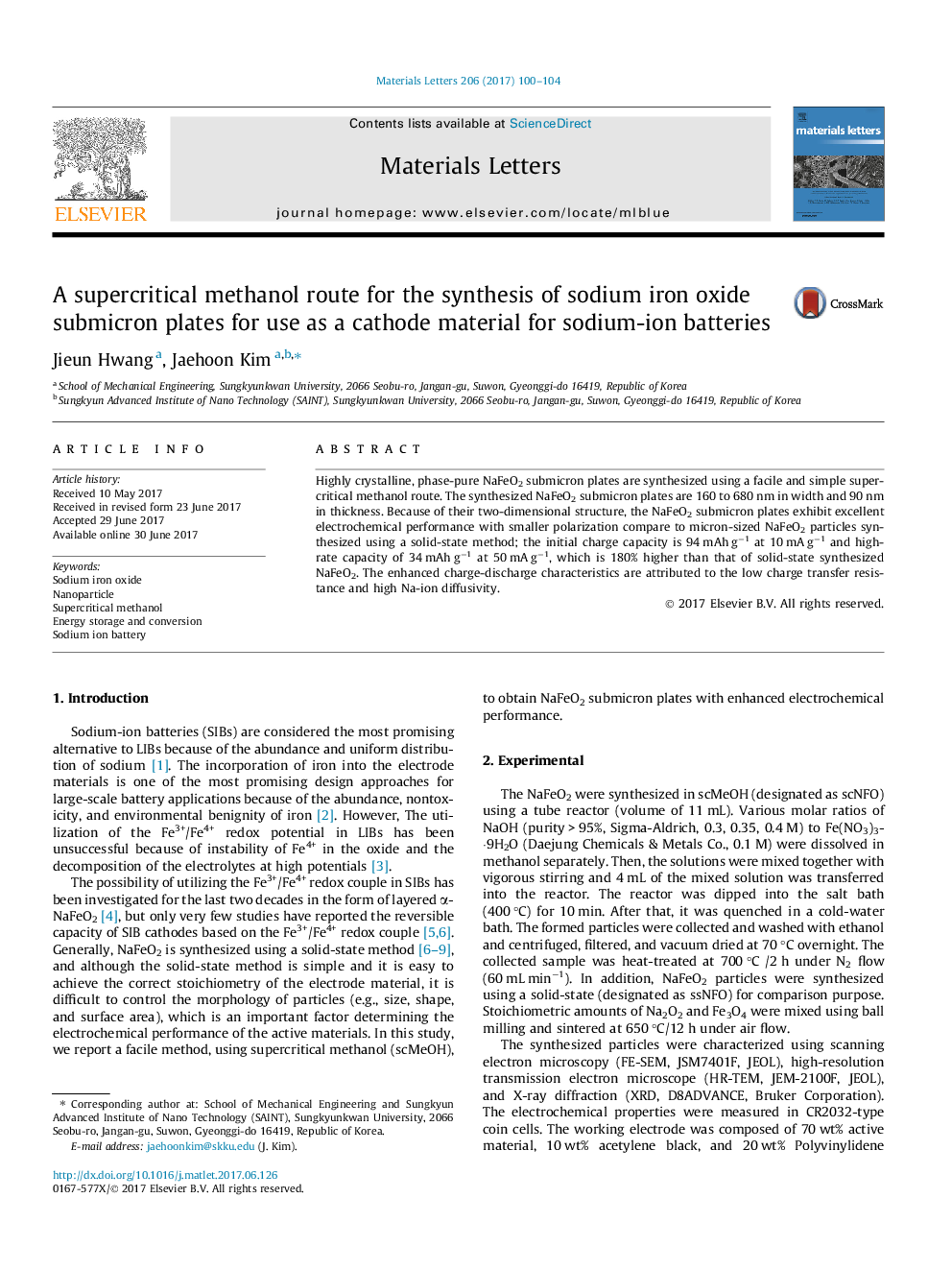 A supercritical methanol route for the synthesis of sodium iron oxide submicron plates for use as a cathode material for sodium-ion batteries