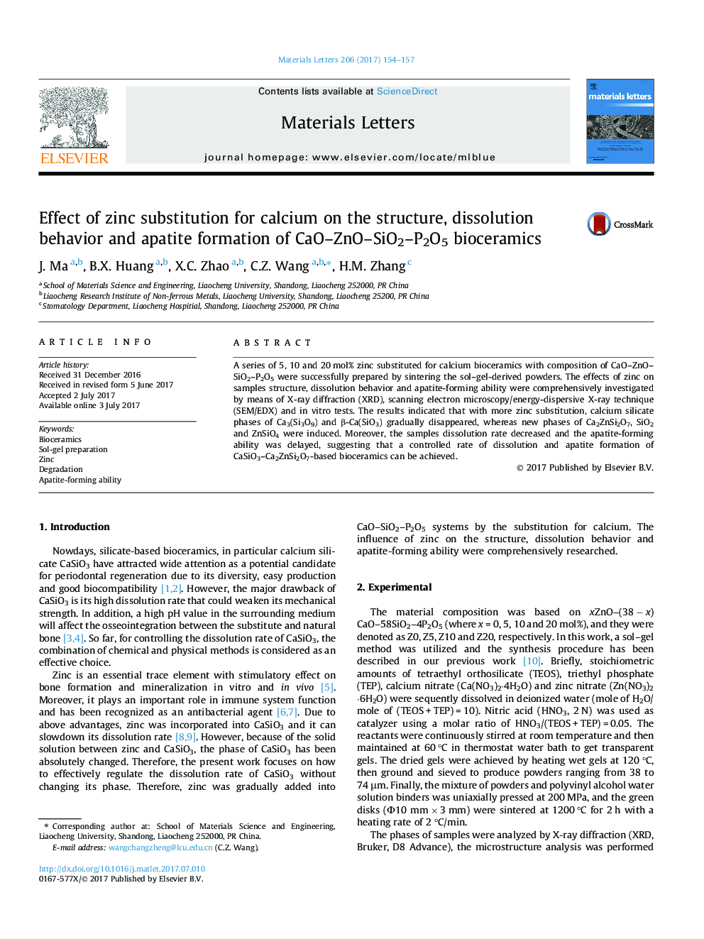 Effect of zinc substitution for calcium on the structure, dissolution behavior and apatite formation of CaO-ZnO-SiO2-P2O5 bioceramics