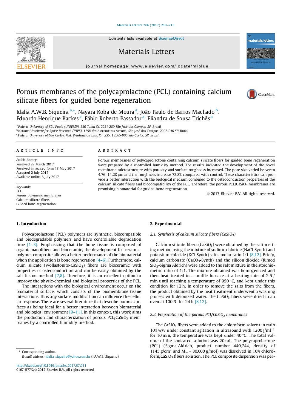 Porous membranes of the polycaprolactone (PCL) containing calcium silicate fibers for guided bone regeneration