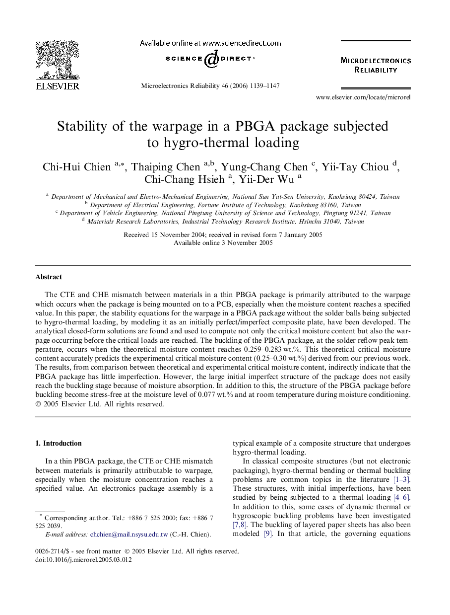 عکس صفحه اول مقاله: Stability of the warpage in a PBGA package subjected to hygro-thermal loading Stability of the warpage in a PBGA package subjected to hygro-thermal loading