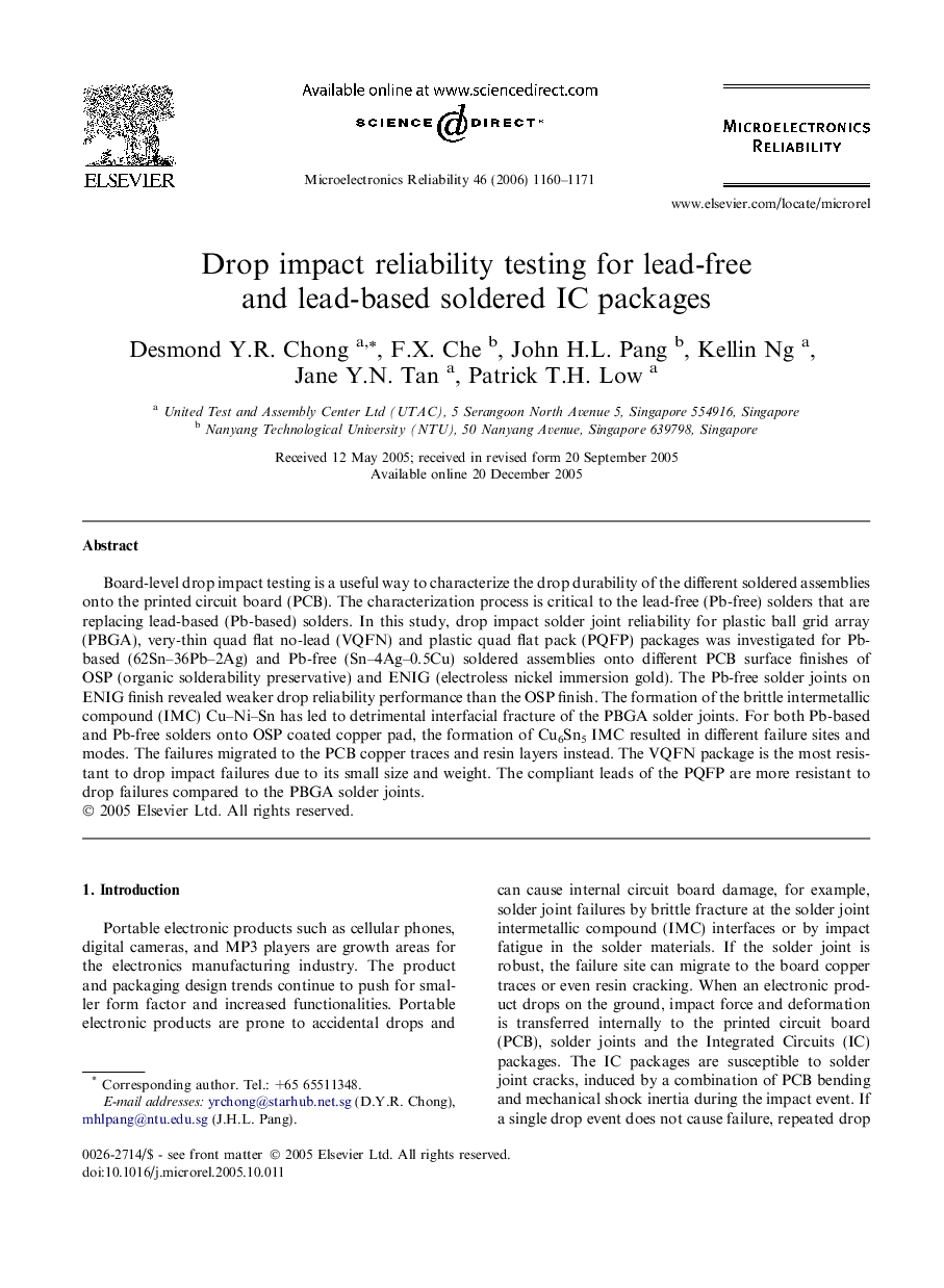 عکس صفحه اول مقاله: Drop impact reliability testing for lead-free and lead-based soldered IC packages Drop impact reliability testing for lead-free and lead-based soldered IC packages