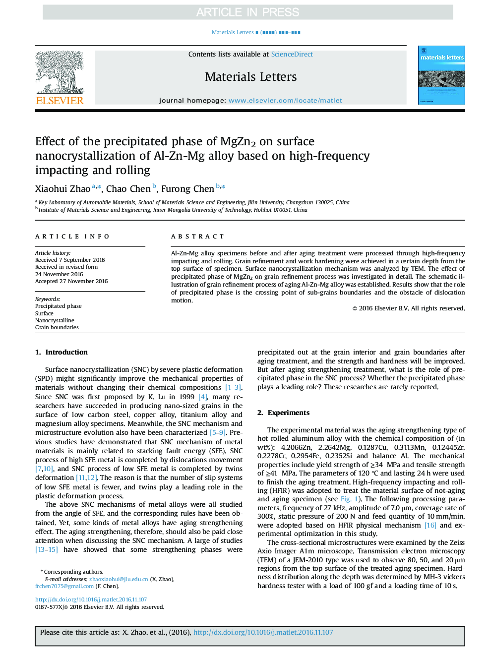 Effect of the precipitated phase of MgZn2 on surface nanocrystallization of Al-Zn-Mg alloy based on high-frequency impacting and rolling