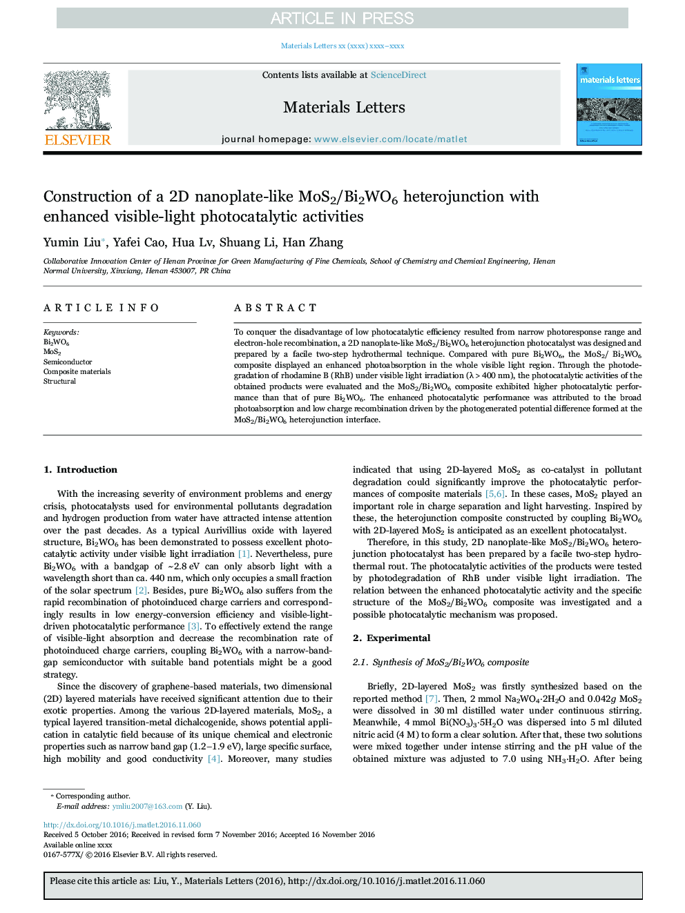 Construction of a 2D nanoplate-like MoS2/Bi2WO6 heterojunction with enhanced visible-light photocatalytic activities