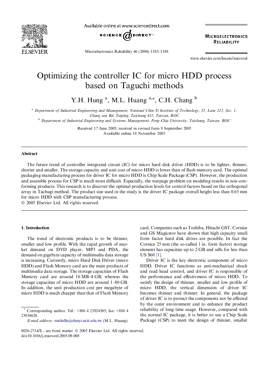Optimizing the controller IC for micro HDD process based on Taguchi methods