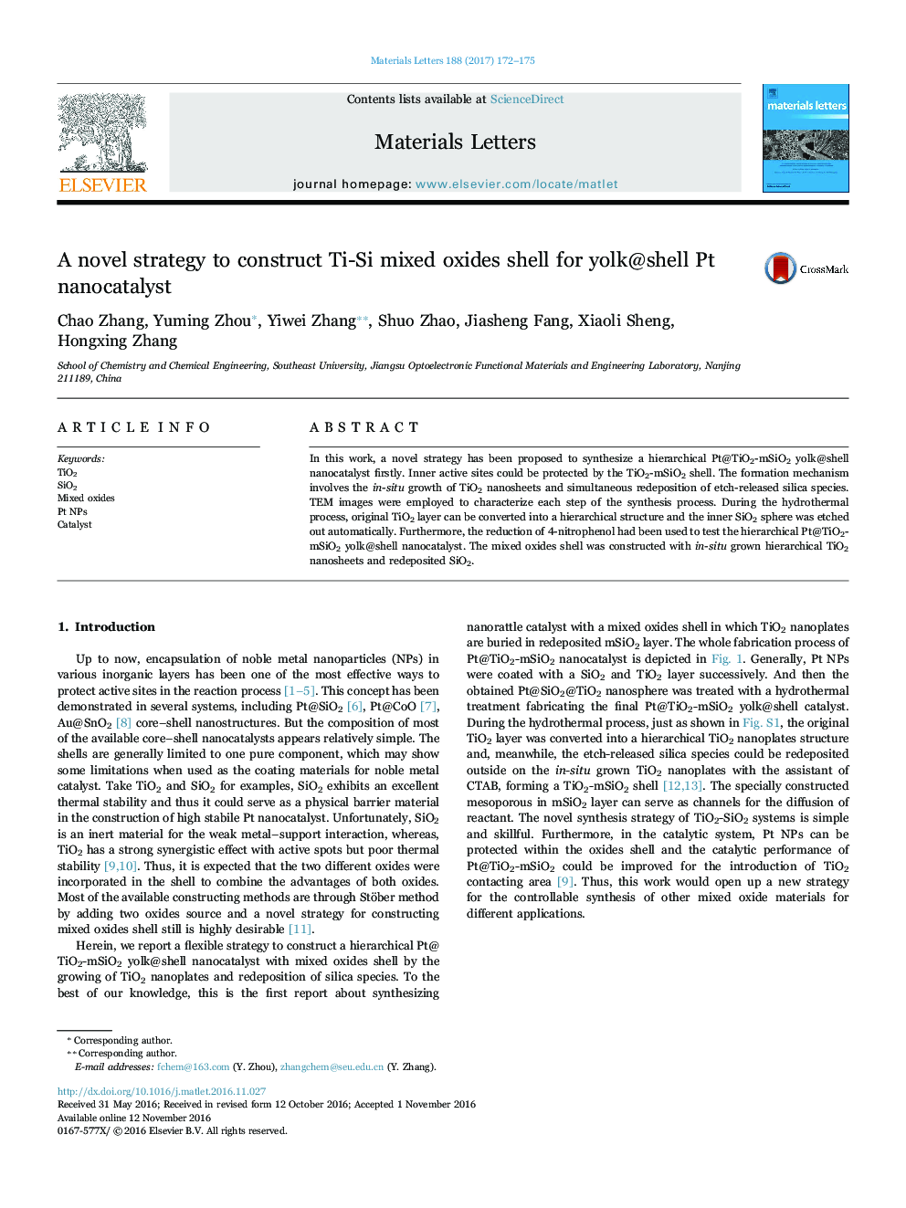 A novel strategy to construct Ti-Si mixed oxides shell for yolk@shell Pt nanocatalyst