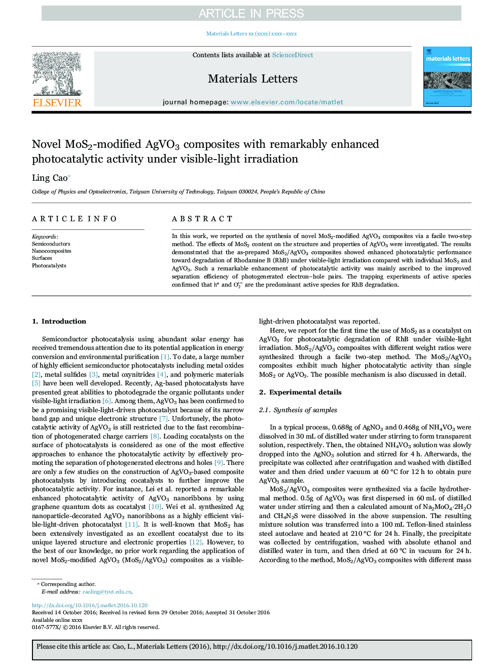 Novel MoS2-modified AgVO3 composites with remarkably enhanced photocatalytic activity under visible-light irradiation