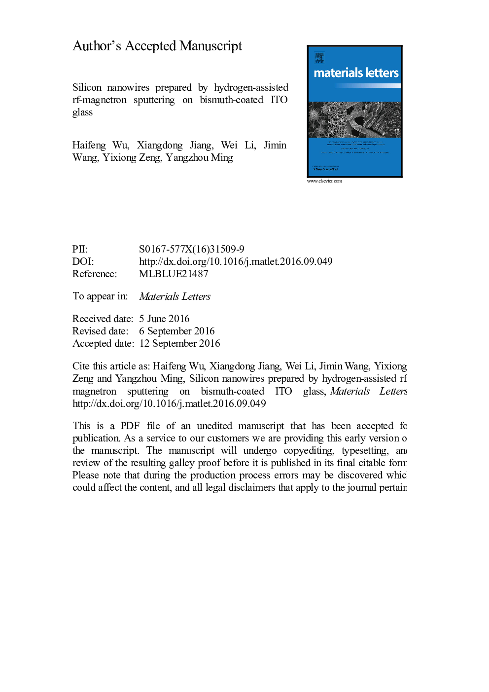 Silicon nanowires prepared by hydrogen-assisted rf-magnetron sputtering on bismuth-coated ITO glass