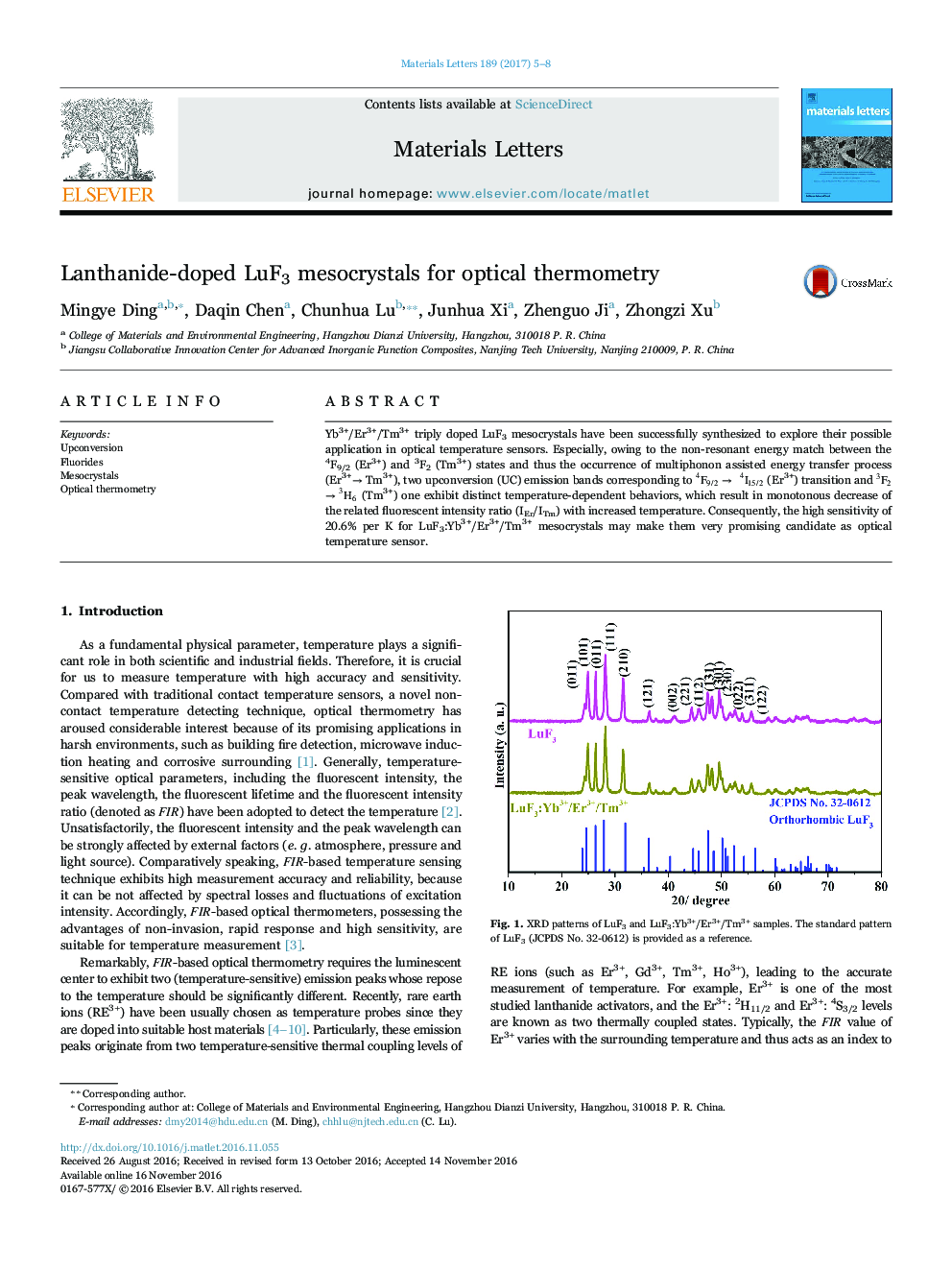 Lanthanide-doped LuF3 mesocrystals for optical thermometry