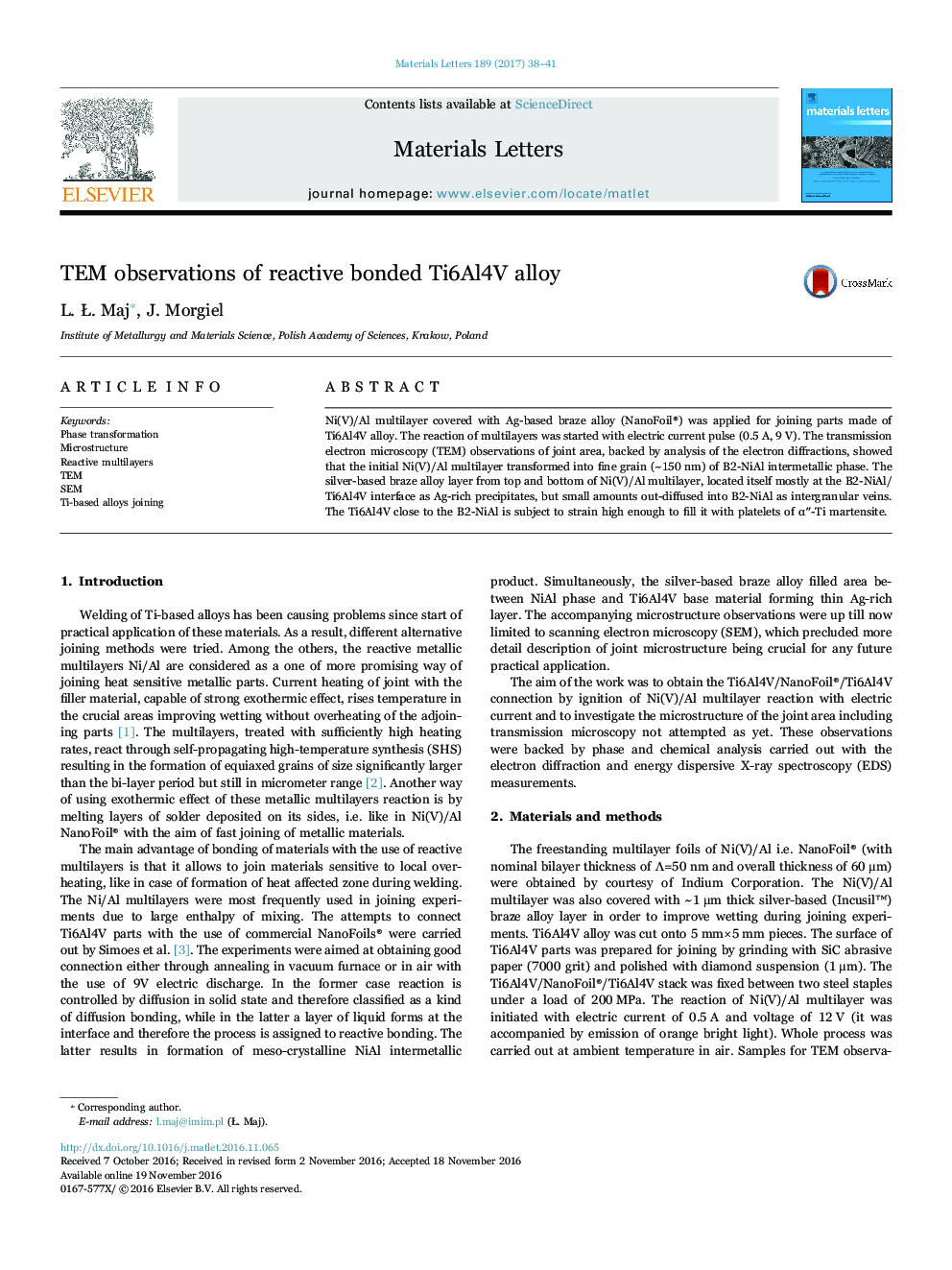 TEM observations of reactive bonded Ti6Al4V alloy