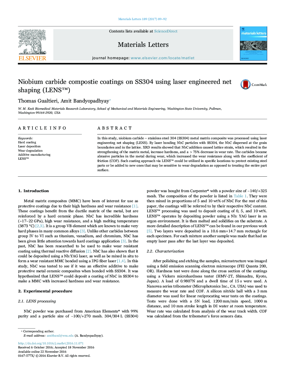 Niobium carbide compostie coatings on SS304 using laser engineered net shaping (LENSâ¢)