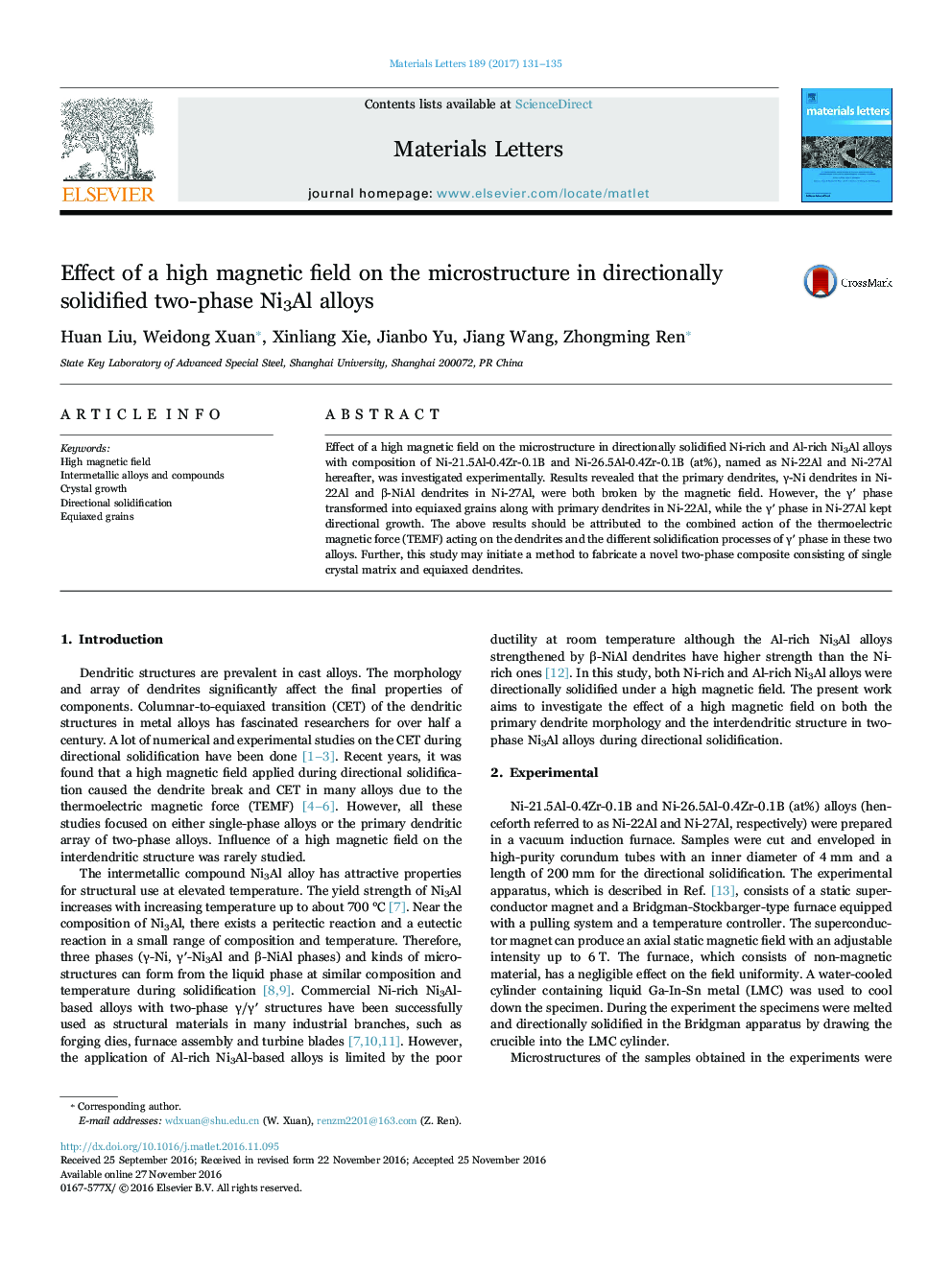 Effect of a high magnetic field on the microstructure in directionally solidified two-phase Ni3Al alloys