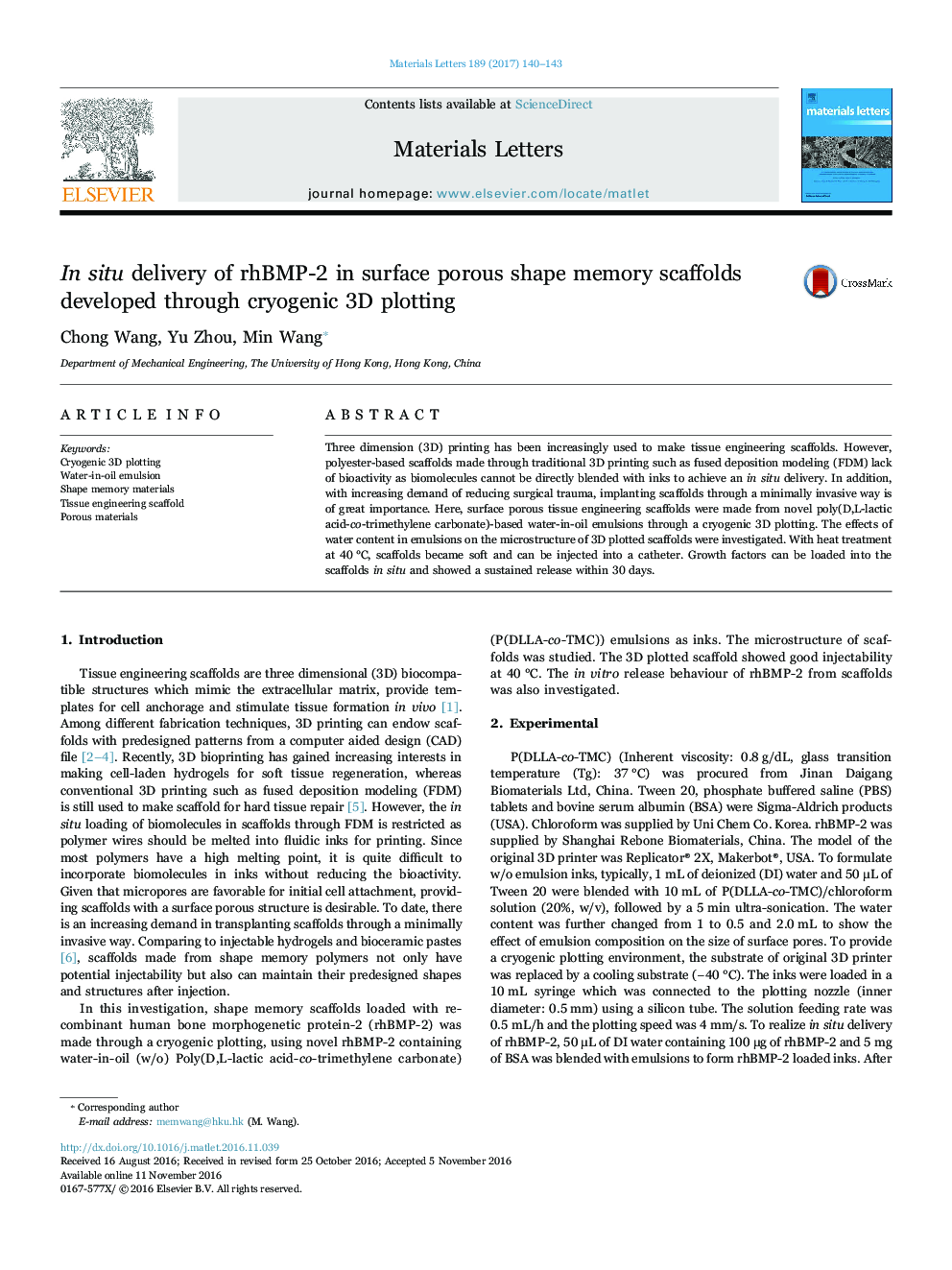 In situ delivery of rhBMP-2 in surface porous shape memory scaffolds developed through cryogenic 3D plotting