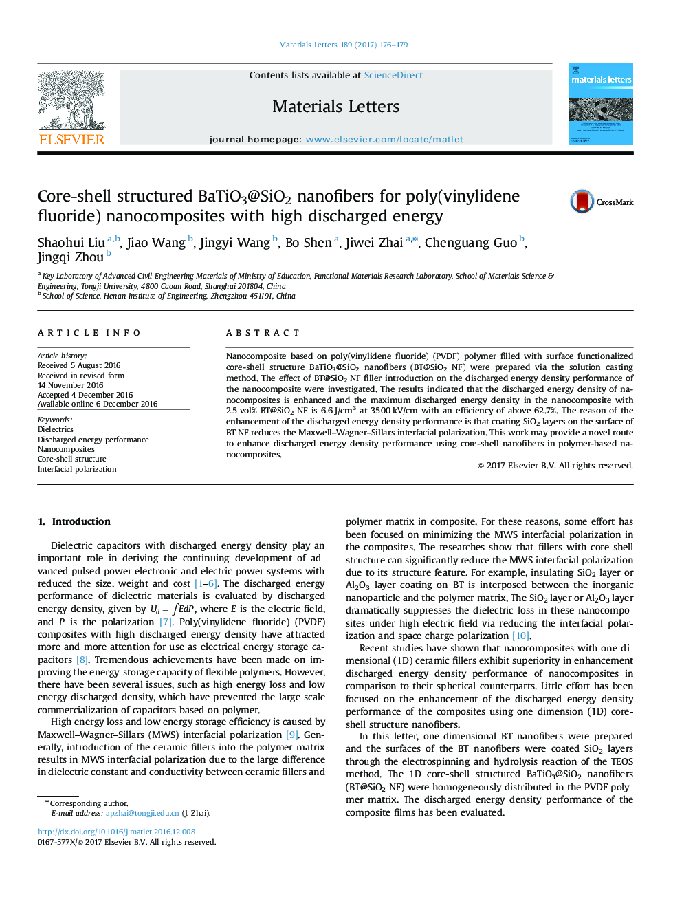 Core-shell structured BaTiO3@SiO2 nanofibers for poly(vinylidene fluoride) nanocomposites with high discharged energy