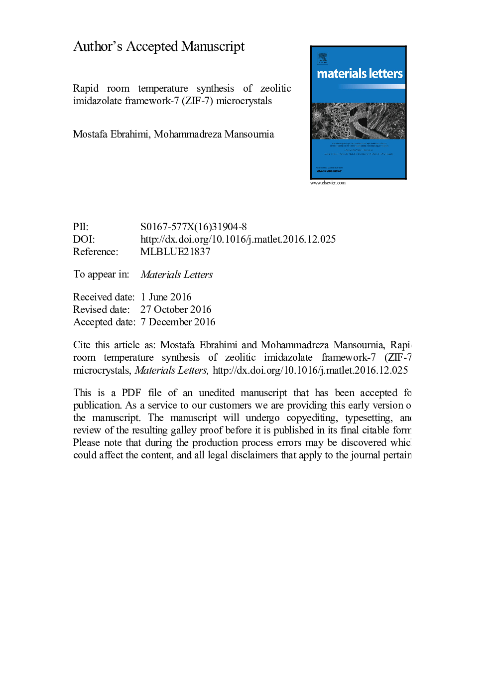 Rapid room temperature synthesis of zeolitic imidazolate framework-7 (ZIF-7) microcrystals