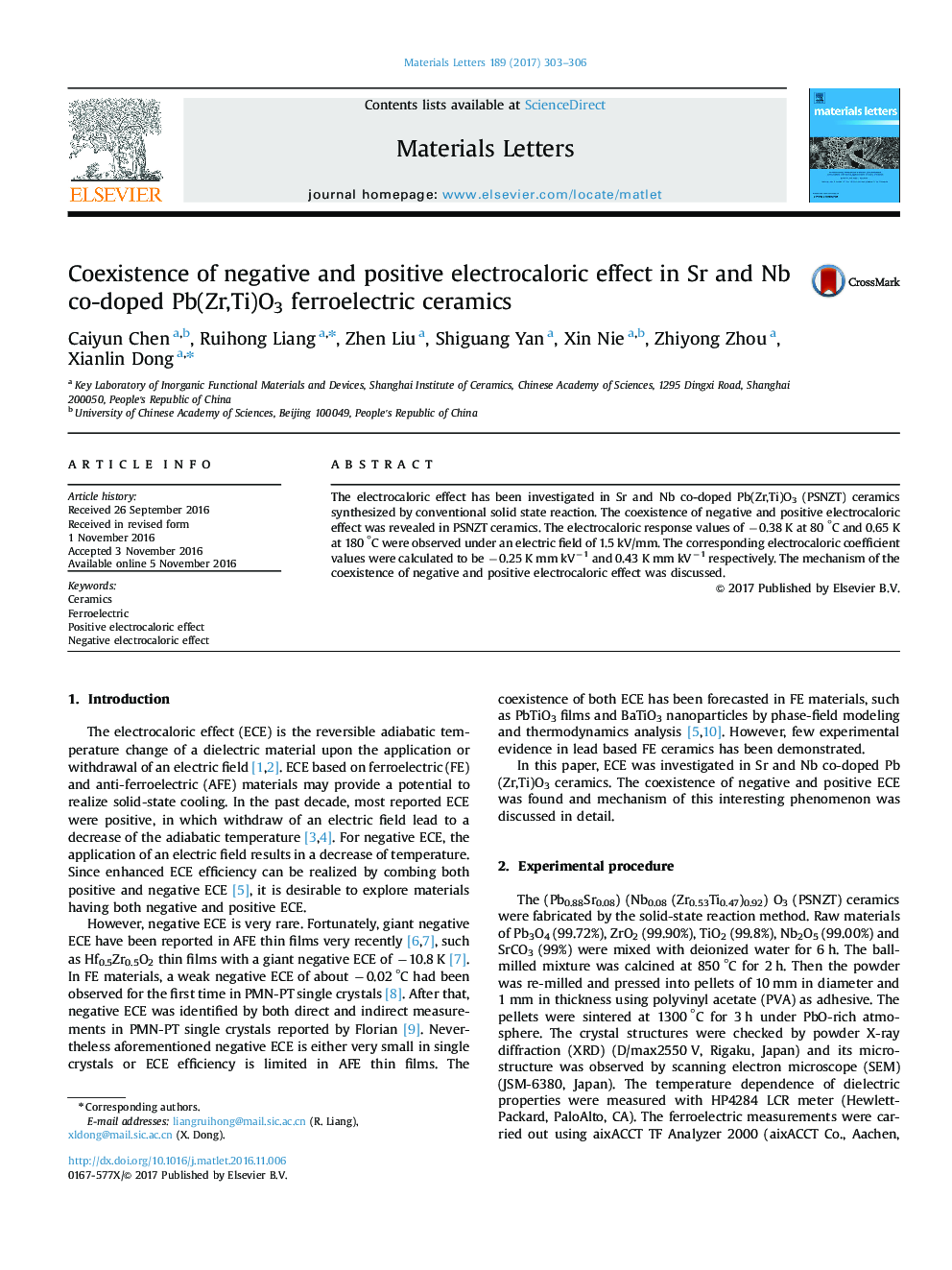 Coexistence of negative and positive electrocaloric effect in Sr and Nb co-doped Pb(Zr,Ti)O3 ferroelectric ceramics