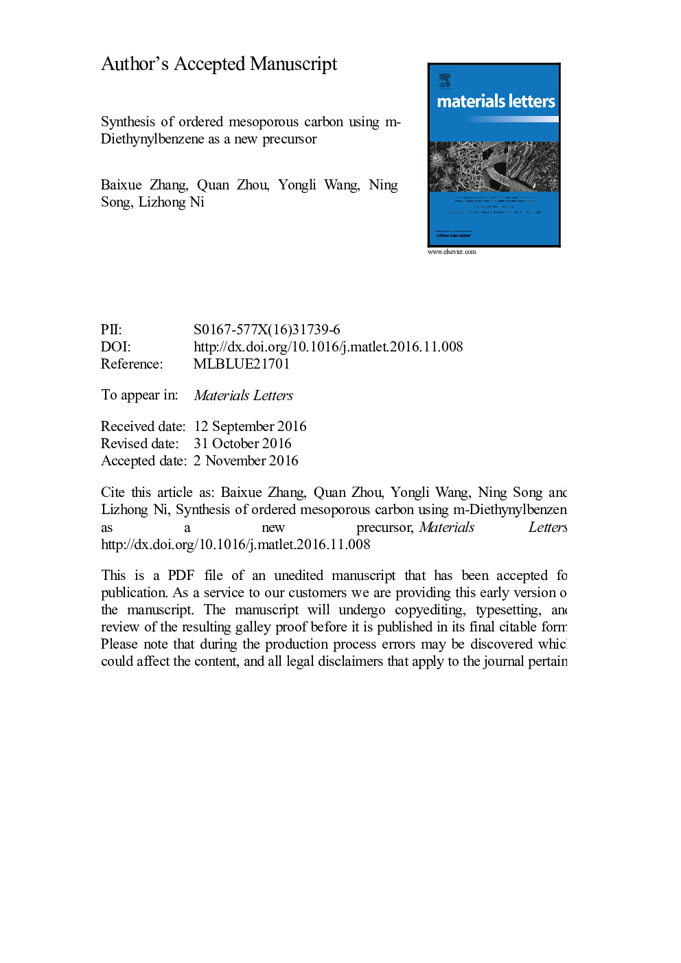 Synthesis of ordered mesoporous carbon using m-Diethynylbenzene as a new precursor