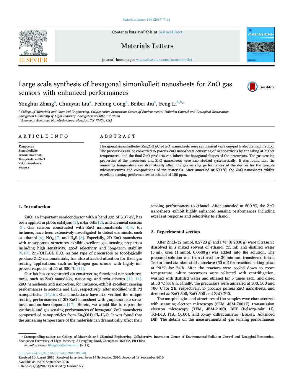 Large scale synthesis of hexagonal simonkolleit nanosheets for ZnO gas sensors with enhanced performances