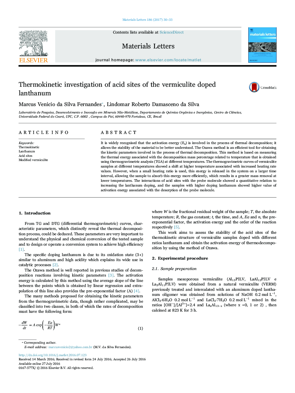 Thermokinetic investigation of acid sites of the vermiculite doped lanthanum