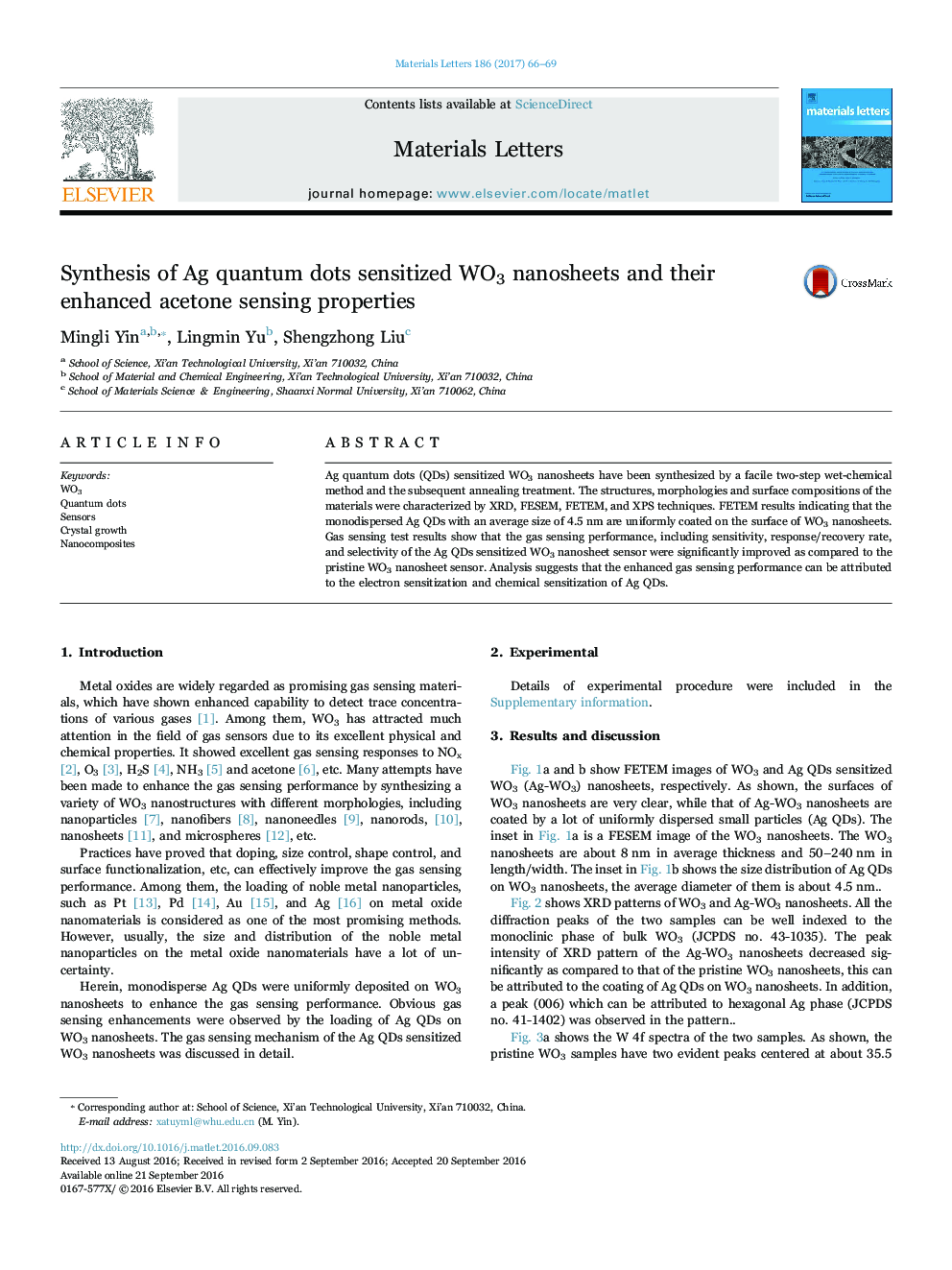 Synthesis of Ag quantum dots sensitized WO3 nanosheets and their enhanced acetone sensing properties