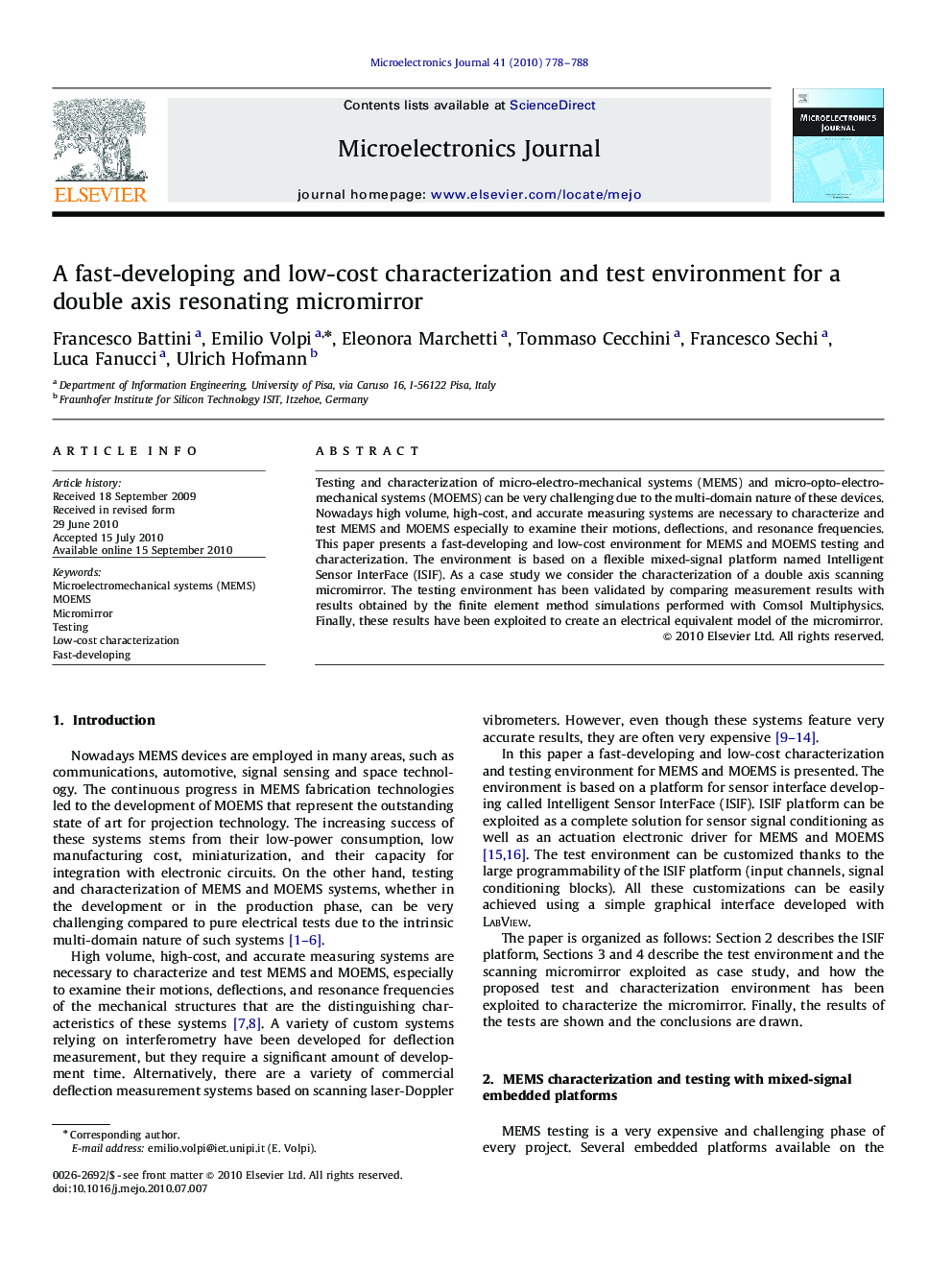 A fast-developing and low-cost characterization and test environment for a double axis resonating micromirror