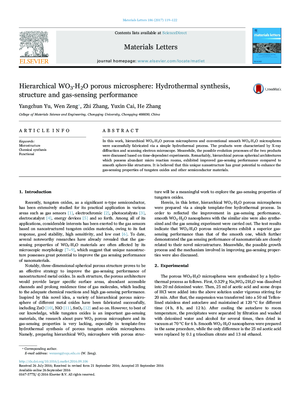 Hierarchical WO3Â·H2O porous microsphere: Hydrothermal synthesis, structure and gas-sensing performance