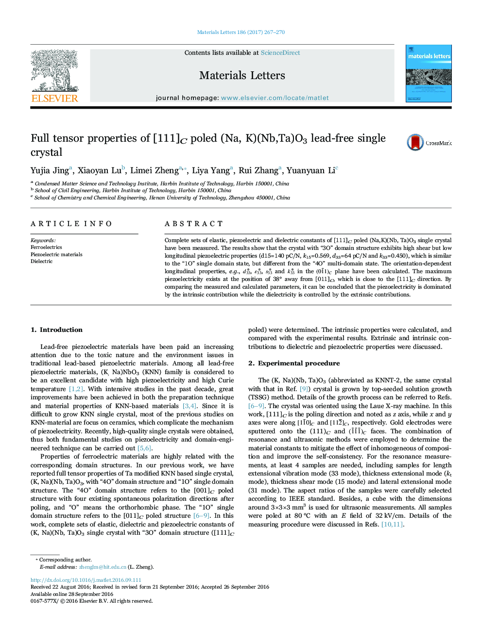 Full tensor properties of [111]C poled (Na, K)(Nb,Ta)O3 lead-free single crystal