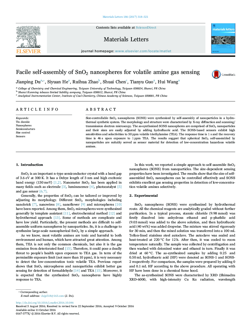 Facile self-assembly of SnO2 nanospheres for volatile amine gas sensing