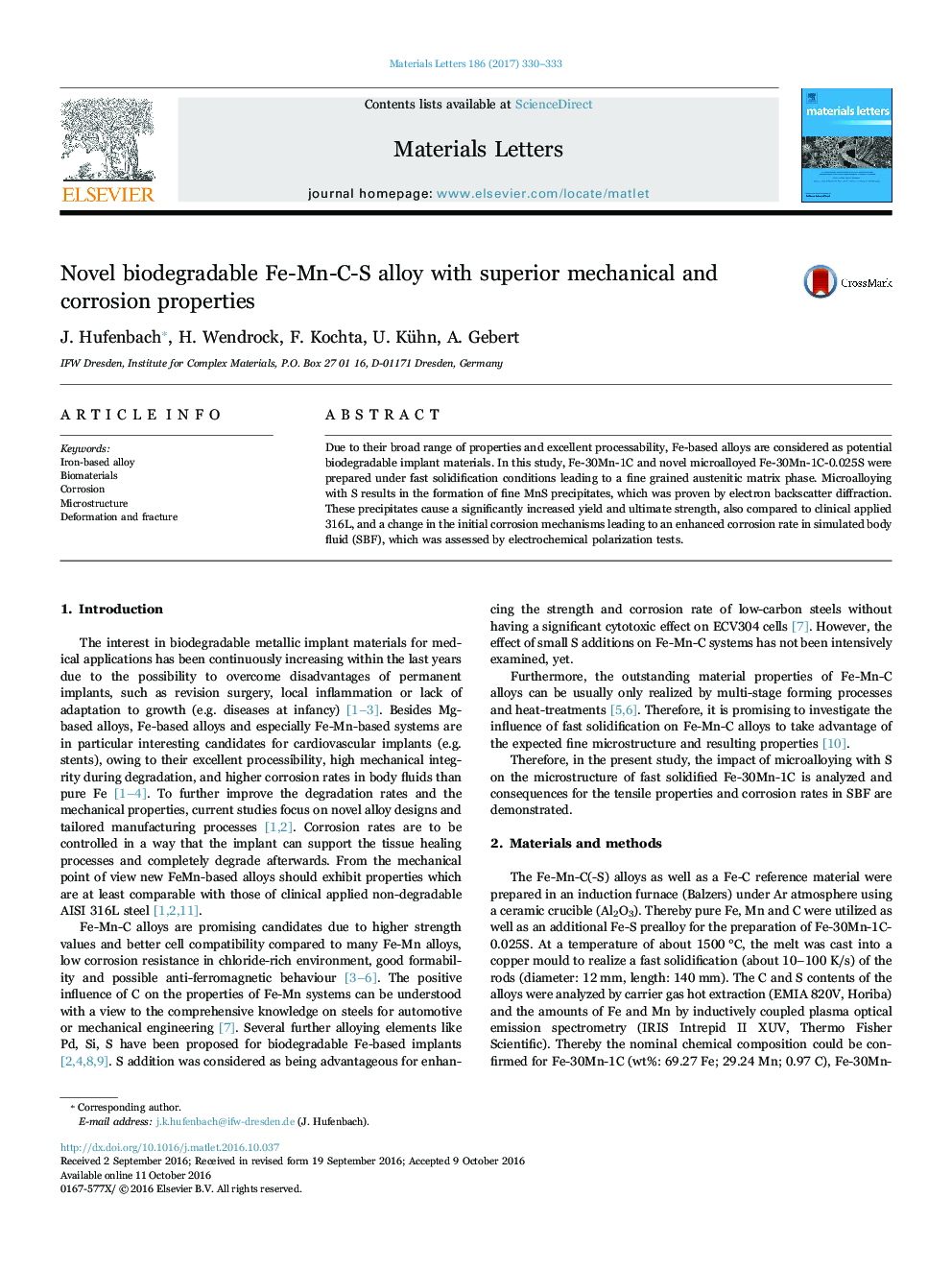 Novel biodegradable Fe-Mn-C-S alloy with superior mechanical and corrosion properties