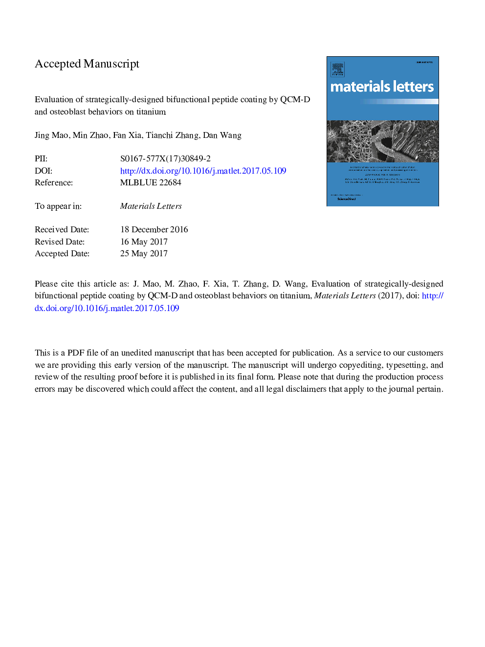 Evaluation of strategically-designed bifunctional peptide coating by QCM-D and osteoblast behaviors on titanium