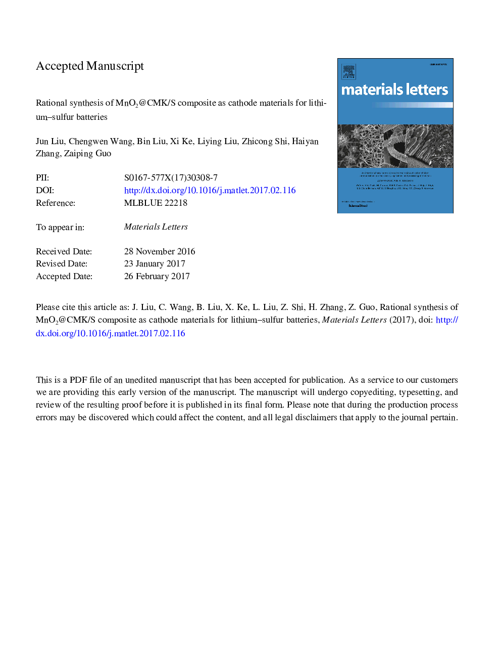 Rational synthesis of MnO2@CMK/S composite as cathode materials for lithium-sulfur batteries