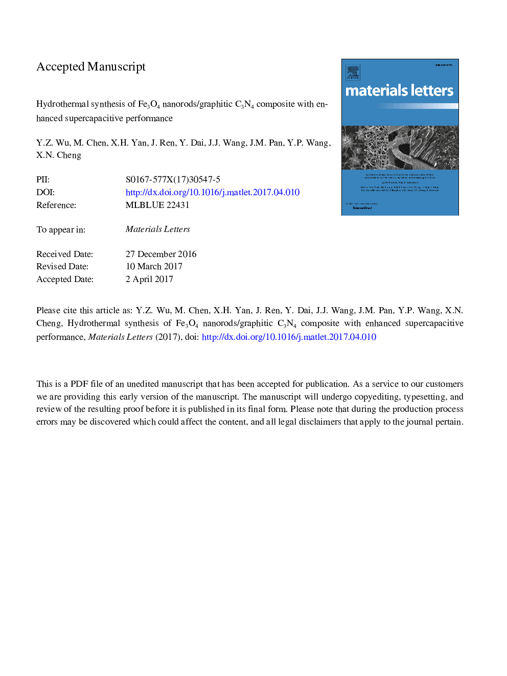 Hydrothermal synthesis of Fe3O4 nanorods/graphitic C3N4 composite with enhanced supercapacitive performance