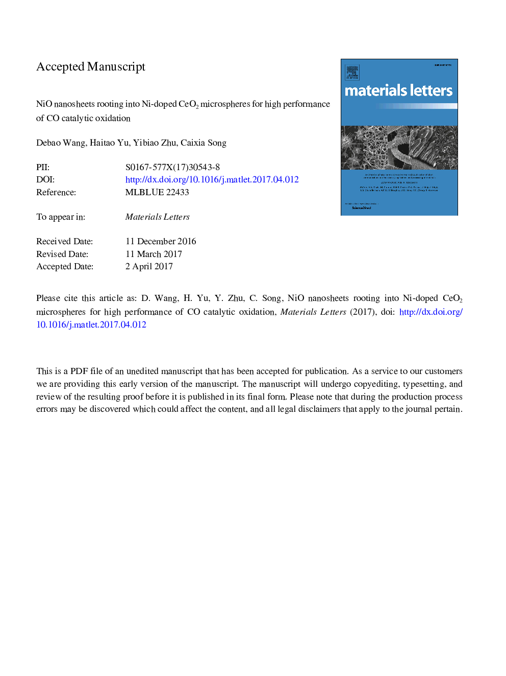 NiO nanosheets rooting into Ni-doped CeO2 microspheres for high performance of CO catalytic oxidation