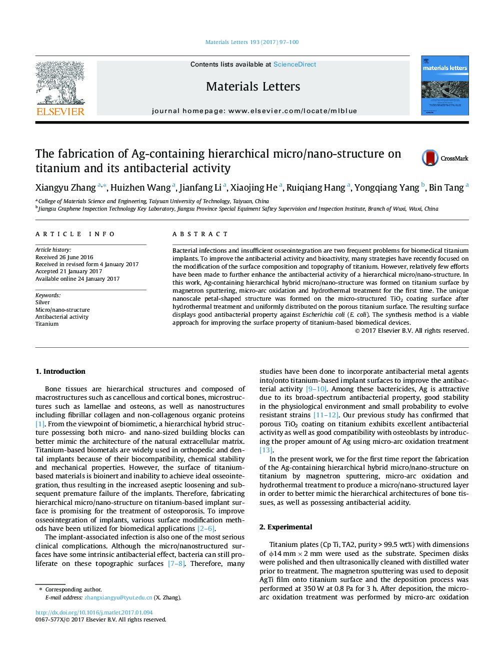 The fabrication of Ag-containing hierarchical micro/nano-structure on titanium and its antibacterial activity